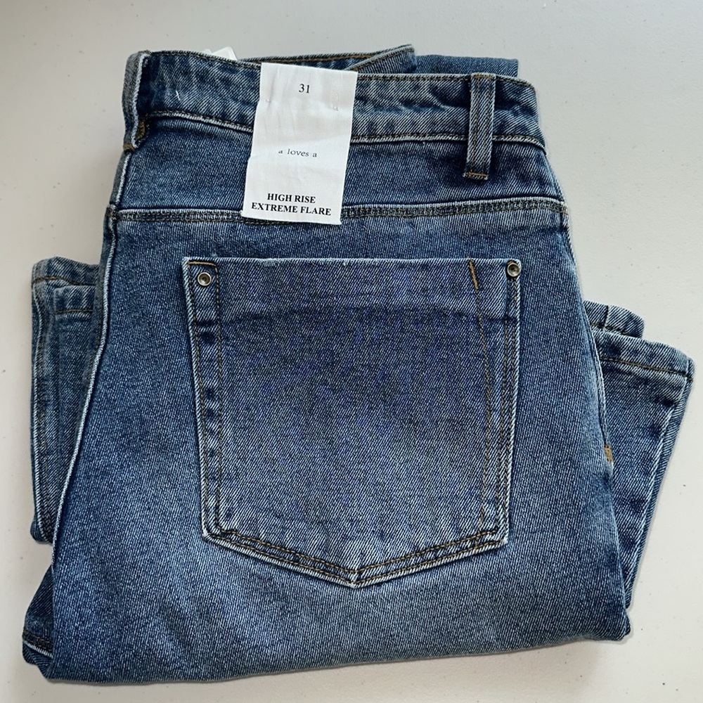 NWT Elegant High Rise Extreme Flare Dark Blue Jeans by A LOVES A Size 31 - Picture 15 of 15